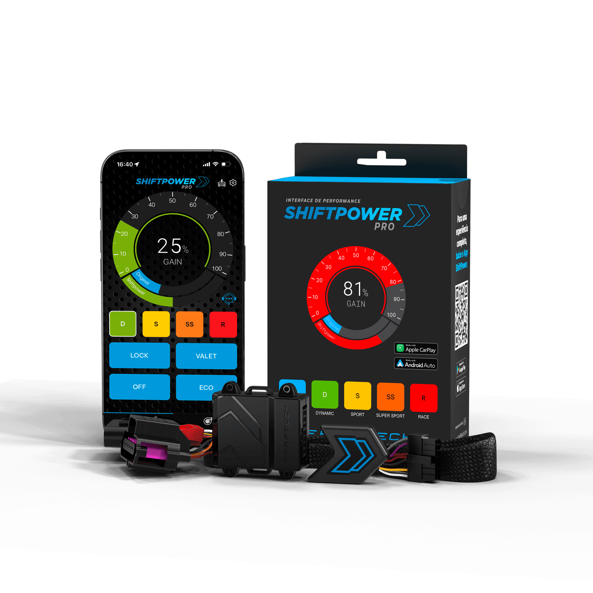 ShiftPower PRO com aplicativo, embalagem e chicote